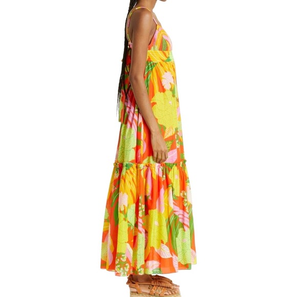 Farm Rio Red Neon Floral Tiered Cotton Maxi Dress Size XL - Picture 5 of 16